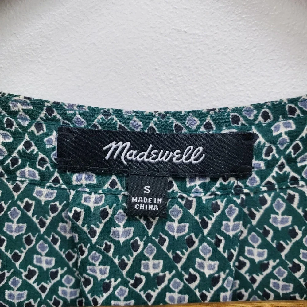Madewell‎ Womens Floral Silk Memory Blouse Top Size S Green V-Neck 3/4 Sleeve